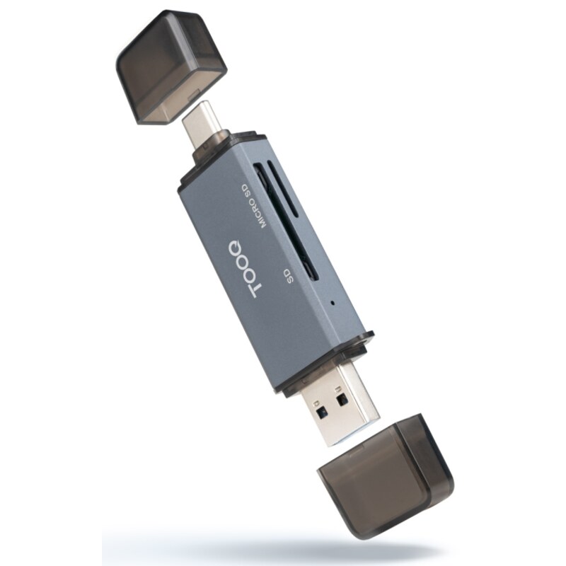 TooQ Lector de Tarjetas SD + TF, con entradas USB-C 3.0 + USB A, Color Gris