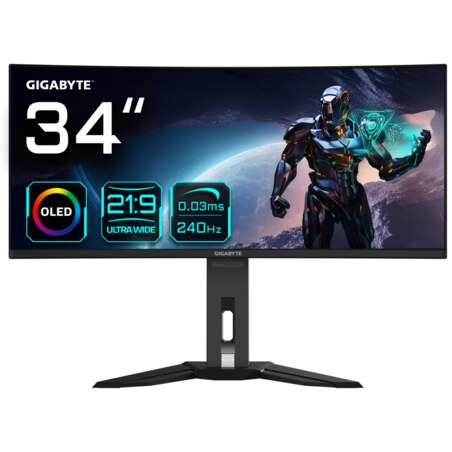 GIGABYTE Monitor de juegos curvo OLED WQHD MO34WQC2 de 34" - 3440 x 1440, 240Hz, 0.03ms, KVM, 250 cd/m², FreeSync Premium Pro, D