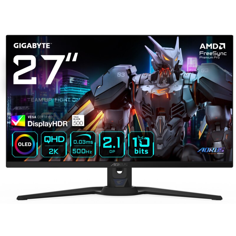 GIGABYTE AORUS FO27Q5P Monitor Gaming OLED QHD – 2560 x 1440, 500Hz, 0,03ms, KVM, 300 cd/m², FreeSync Premium Pro, DisplayHDR Tr