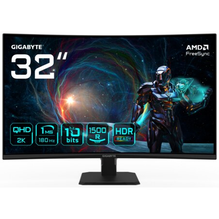 GIGABYTE GS32QCA 31.5" Monitor Curvo para Gaming QHD - 2560 x 1440, 180Hz, 1ms, 250 cd/m², FreeSync, HDR Ready, HDMI 2.0, Displa
