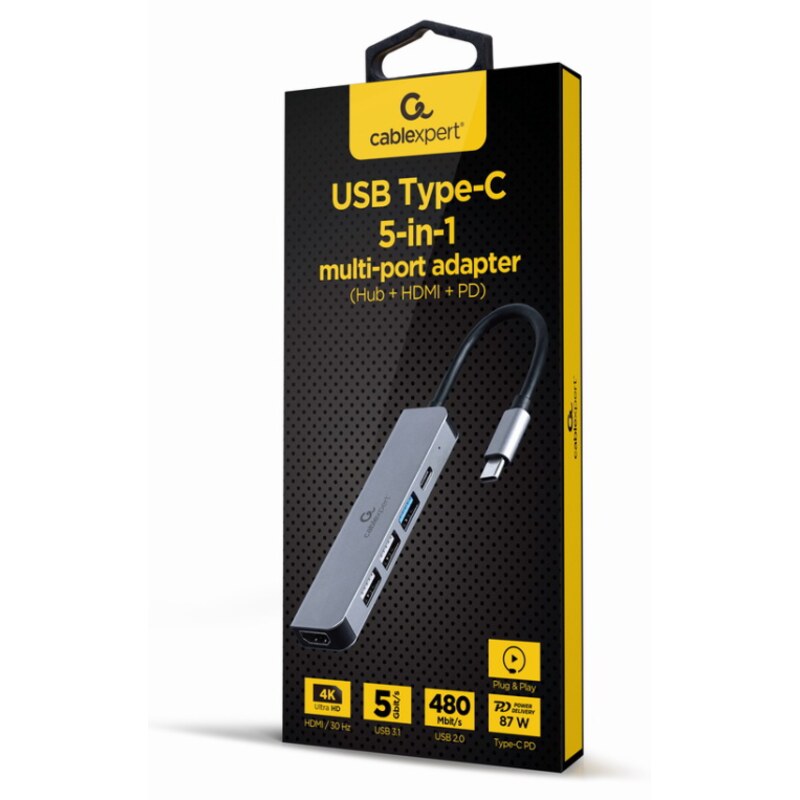 Gembird A-CM-COMBO5-03 base para portátil y replicador de puertos Alámbrico USB 3.2 Gen 1 (3.1 Gen 1) Type-C Plata
