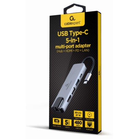 Gembird A-CM-COMBO5-04 base para portátil y replicador de puertos Alámbrico USB 3.2 Gen 1 (3.1 Gen 1) Type-C Plata
