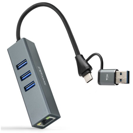 Nanocable Conversor USB-C+USB-A/M 3.0 a Ethernet + 3xUSB-A 3.0, Aluminio, Gris, 15 cm