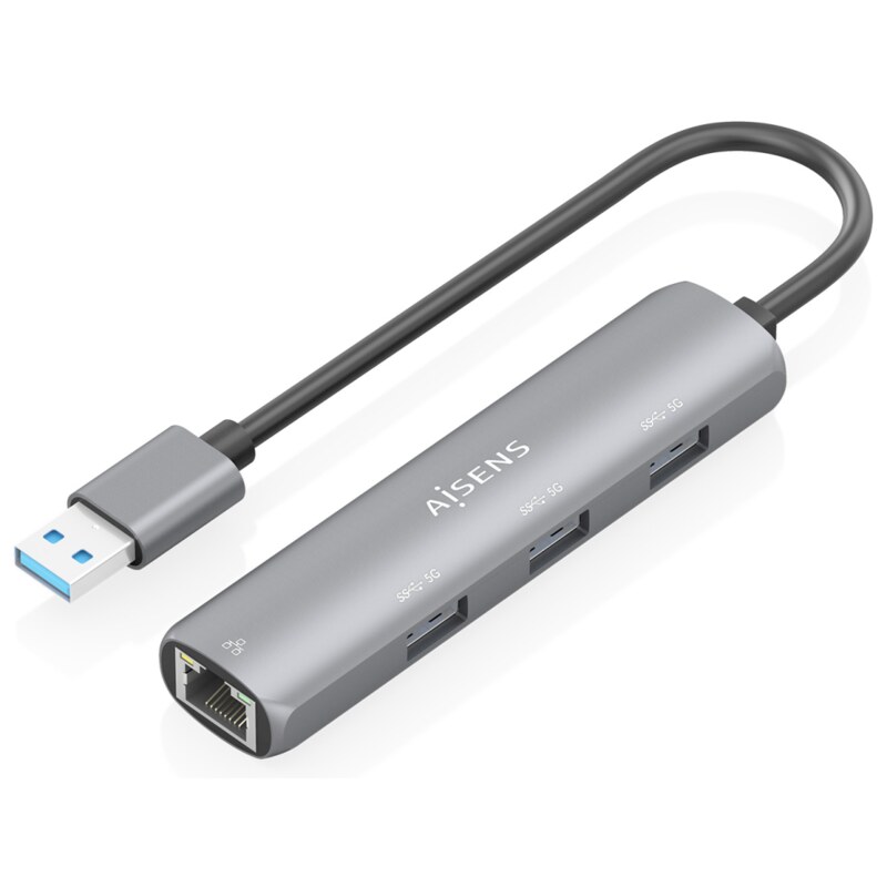 AISENS USB3.0 Dock USB-A A Ethernet Gigabit + Hub 3xUSB-A, Gris, 15cm