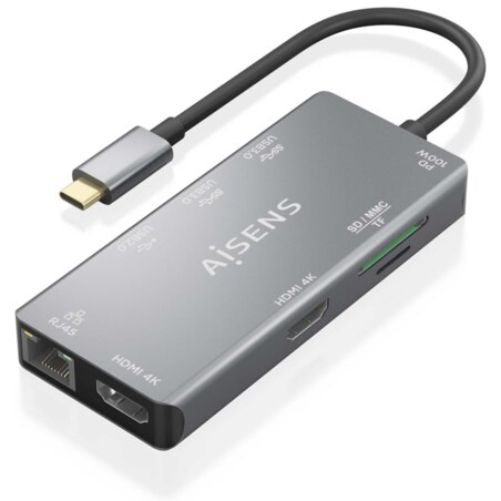 AISENS ASUC-9P018-GR base para portátil y replicador de puertos Alámbrico USB 3.2 Gen 1 (3.1 Gen 1) Type-C