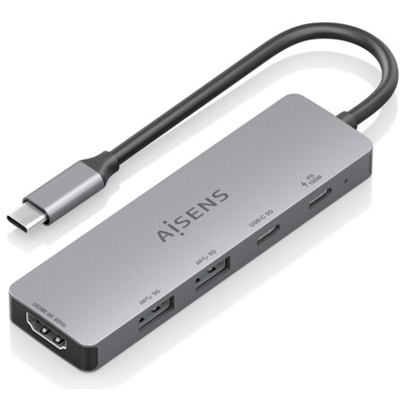 AISENS USB-C Dock 5 en 1, USB-C a 1xHDMI 2xUSB-A 1xUSB-C 1xUSB-C PD, Gris, 15cm