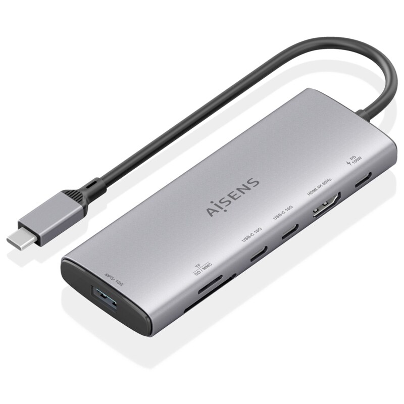 AISENS USB-C Dock 7 en 1, USB-C a 1xHDMI, 1xUSB-A 10G, 2xUSB-C 10G, 1xSD, 1xMicroSD, 1xUSB-C PD 100W, Gris, 20cm