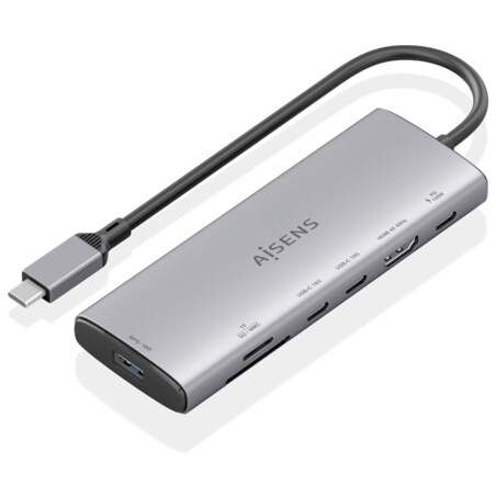 AISENS USB-C Dock 7 en 1, USB-C a 1xHDMI, 1xUSB-A 10G, 2xUSB-C 10G, 1xSD, 1xMicroSD, 1xUSB-C PD 100W, Gris, 20cm
