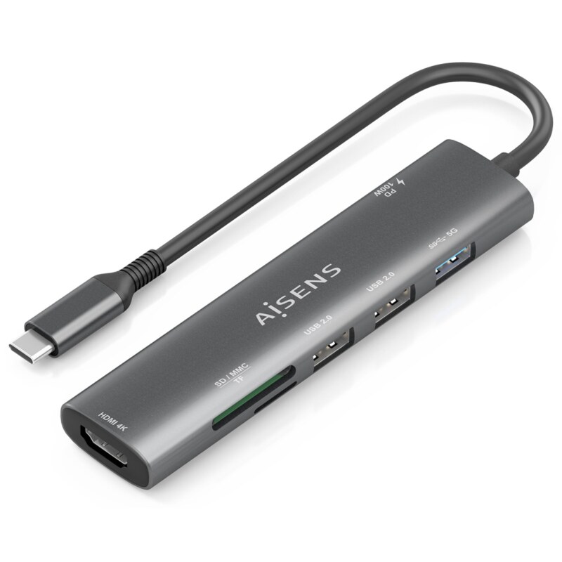 AISENS USB-C Dock 7 en 1, USB-C A, 1x HDMI, 2x USB-A USB2.0, 1x USB-A USB3.0, 1x USB-C PD 100W, 1x SD, 1x MicroSD, Gris, 15cm