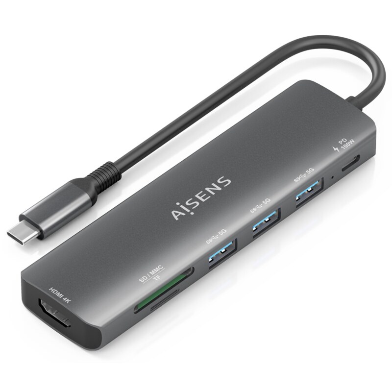 AISENS ASUC-7P025-GR base para portátil y replicador de puertos Alámbrico USB 3.2 Gen 1 (3.1 Gen 1) Type-C