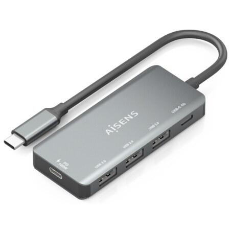 AISENS Hub USB 3.1 USB-C, USB-C/M-1xUSB-C PD 100W+1xUSB-C USB3.0/H+3xUSB-A USB2.0/H, Gris, 15cm