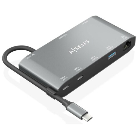 AISENS USB-C Dock 8 en 1, USB-C a 1xHDMI, 1xVGA, 1xRJ45, 2xUSB-A, 2xUSB-C 5G, 1xUSB-C PD, Gris, 20 cm
