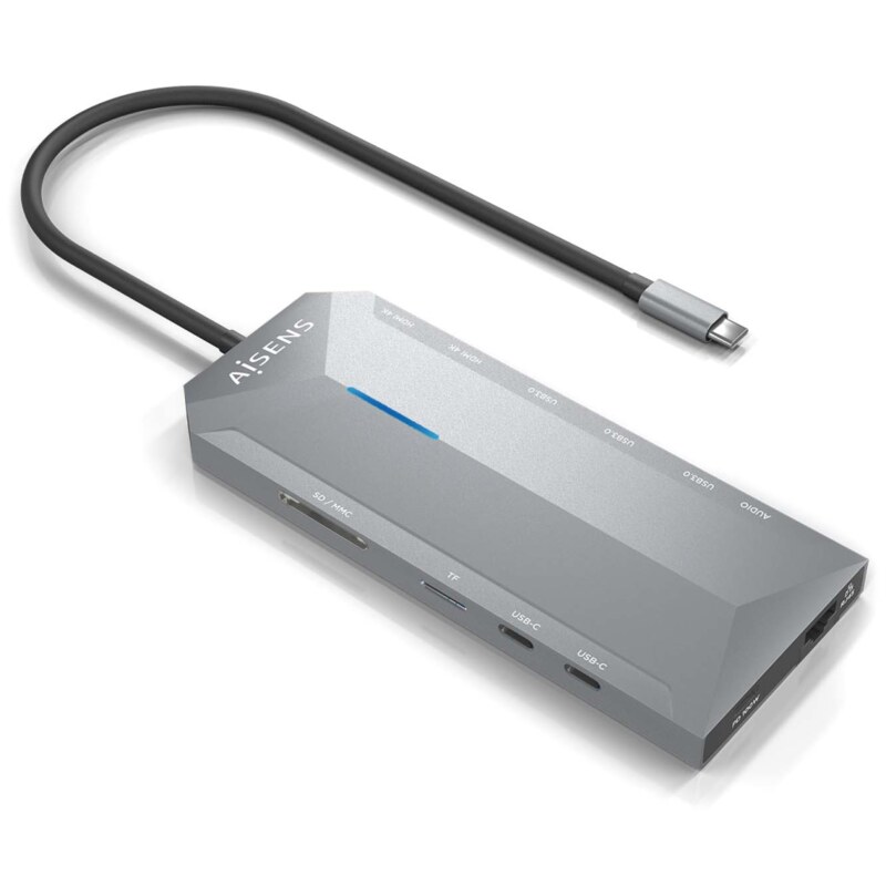 AISENS USB-C Dock 12 En 1, USB-C A 2xHDMI, 1xRJ45, 3xUSB-A, 2xUSB-C, 1xUSB-C PD, 1xAudio, 1xSD, 1xMicro SD, Gris, 30cm