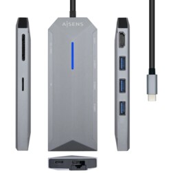 AISENS USB-C dock 8 en 1, USB-C a 1xHDMI, 1xRJ45, 3xUSB, 1xPD, 1xSD, 1xMicroSD, Gris, 15 cm