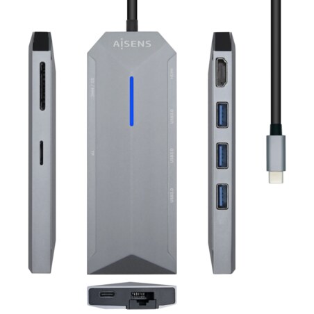 AISENS USB-C dock 8 en 1, USB-C a 1xHDMI, 1xRJ45, 3xUSB, 1xPD, 1xSD, 1xMicroSD, Gris, 15 cm