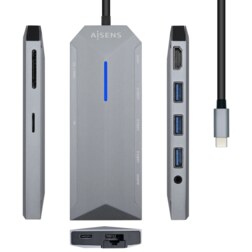 AISENS USB-C Dock 9 en 1, USB-C a 1x HDMI, 1xRJ45, 3x USB, 1x PD, 1x Audio, 1x SD, 1x Micro SD, Gris, 15 cm