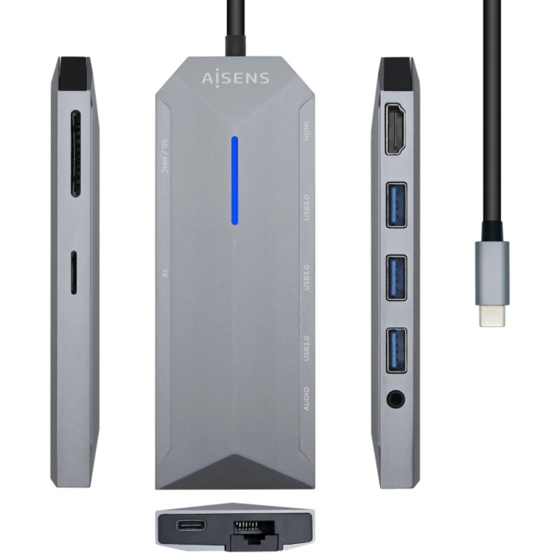 AISENS USB-C Dock 9 en 1, USB-C a 1x HDMI, 1xRJ45, 3x USB, 1x PD, 1x Audio, 1x SD, 1x Micro SD, Gris, 15 cm
