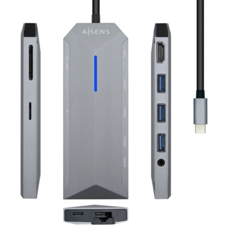AISENS USB-C Dock 9 en 1, USB-C a 1x HDMI, 1xRJ45, 3x USB, 1x PD, 1x Audio, 1x SD, 1x Micro SD, Gris, 15 cm