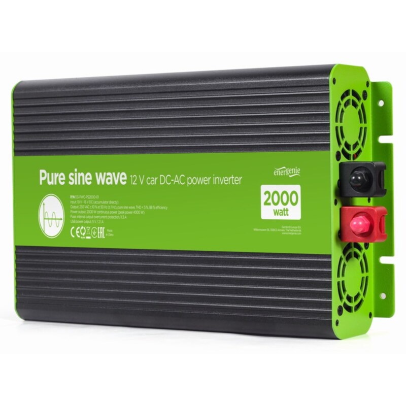 EnerGenie EG-PWC-PS2000-01 adaptador e inversor de corriente Auto 2000 W Negro, Verde