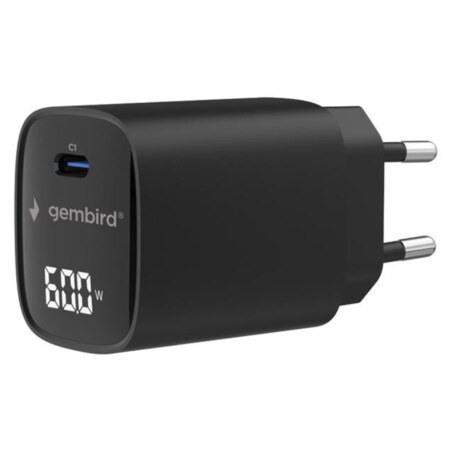 Gembird TA-UC-1C-PD60LCD-01-BK cargador de dispositivo móvil Portátil, Smartphone, Tableta Negro Corriente alterna Carga rápida