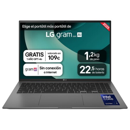LG Gram 16ZD90T Intel Core Ultra 5 225H Portátil 40,6 cm (16") WQXGA 16 GB LPDDR5x-SDRAM 512 GB SSD Wi-Fi 7 (802.11be) FreeDOS N