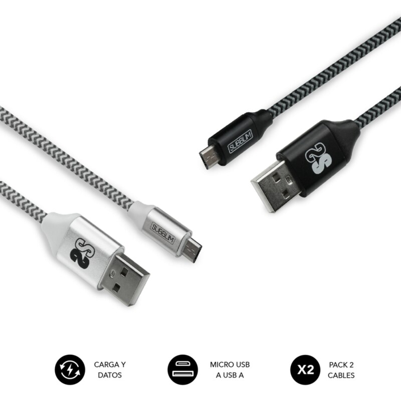 SUBBLIM PACK 2 CABLES USB A MICRO USB (2.4A) 1M BLACK/SILVER cable USB Micro-USB A Aluminio, Negro, Gris, Blanco