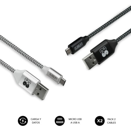 SUBBLIM PACK 2 CABLES USB A MICRO USB (2.4A) 1M BLACK/SILVER cable USB Micro-USB A Aluminio, Negro, Gris, Blanco