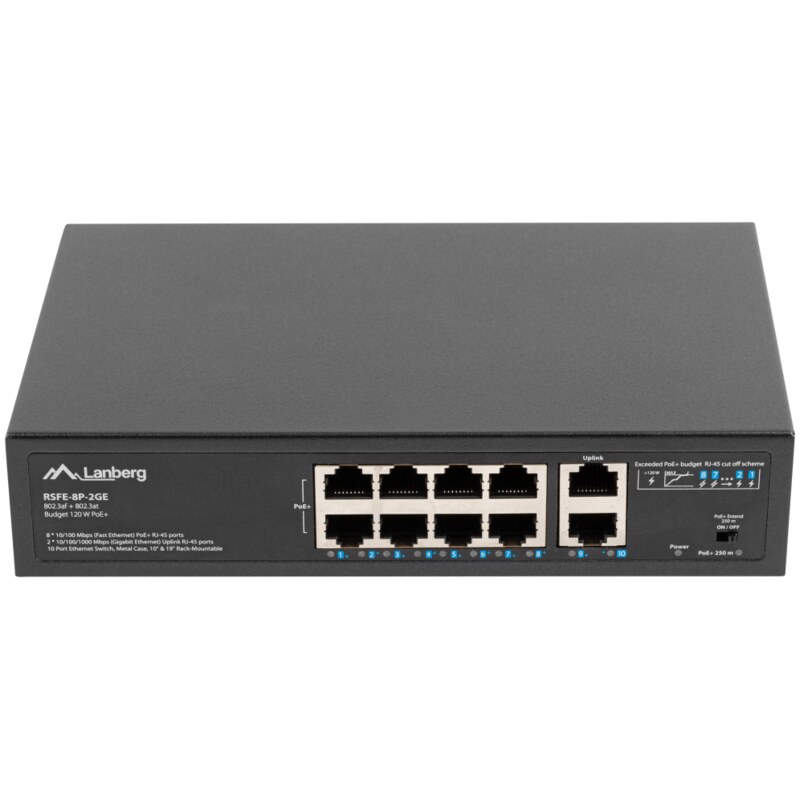 Lanberg RSFE-8P-2GE-120 switch No administrado Gigabit Ethernet (10/100/1000) Energía sobre Ethernet (PoE) 1U Negro