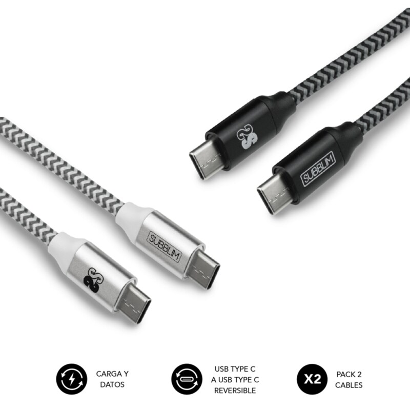 SUBBLIM PACK 2 CABLES USB TIPO USB-C A USB-C 1 M BLACK/SILVER
