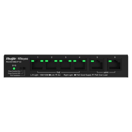 Ruijie Networks RG-ES106D-P V2 switch No administrado Fast Ethernet (10/100) Energía sobre Ethernet (PoE) Negro