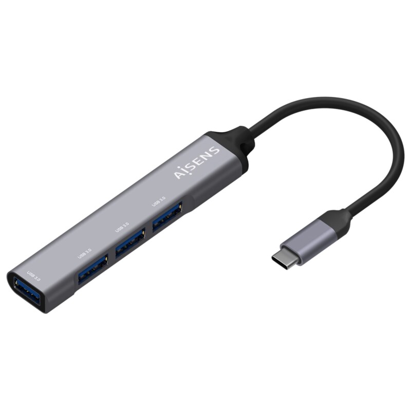 AISENS Hub USB 3.1 USB-C, Tipo C/M - 4x Tipo A/H, Gris, 10 cm