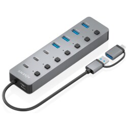 AISENS Hub USB3.1 Gen1 USB-C USB-A, USB-C/M+USB-A/M-4xUSB-A/H+3xUSB-C/H+1xUSB-C/H ALIM., Gris, 30cm