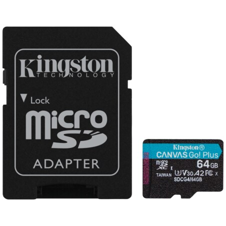 Kingston Technology Tarjeta microSDXC Canvas Go Plus Gen4 de 64 GB, 200 MB/s, A2 U3 V30 y adaptador