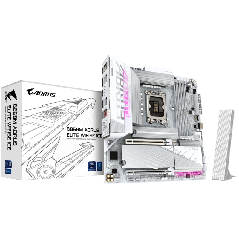 GIGABYTE B860M AORUS ELITE WF6E ICE Placa base - CPUs Intel Core Ultra, VRM de 12+1+2+1 fases, hasta 9200MHz DDR5, 1xPCIe 5.0 + 