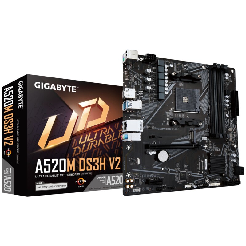 GIGABYTE Placa base A520M DS3H V2 - Soporta CPUs AMD Ryzen serie 5000 AM4, hasta 4733 MHz DDR4 (OC), PCIe 3.0 x16, LAN GbE, USB 