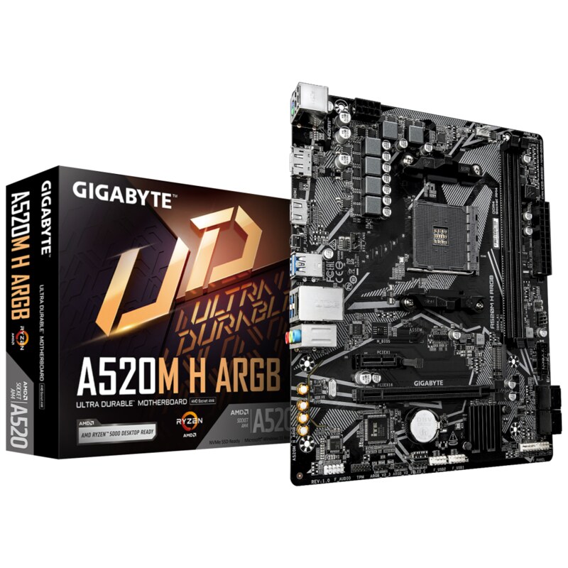 GIGABYTE A520M H ARGB Placa Base – Compatible con CPUs AMD Ryzen Serie 5000, hasta 5100 MHz DDR4 (OC), M.2 PCIe 3.0 x4, LAN 1 Gb