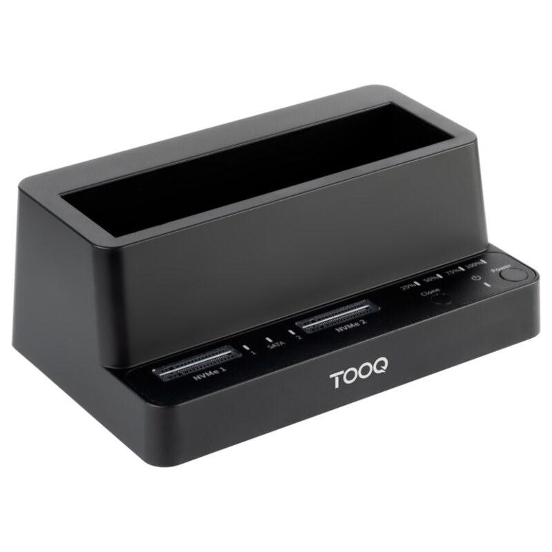 TooQ Docking Station USB-C 3.2 Gen 2 Dos Bahías para SSD M.2 NVMe + Bahía para 2,5"- 3,5" para HDD + Clonador, Negro