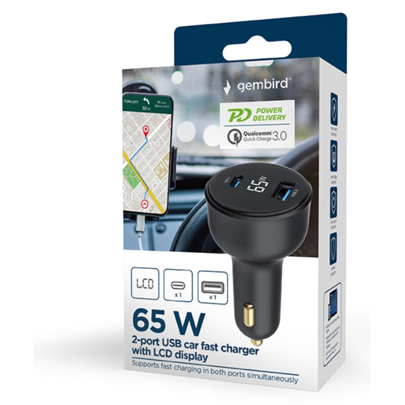 Gembird TA-UC-AC2PD65LCD-CAR-01 cargador de dispositivo móvil Universal Negro Encendedor de cigarrillos Carga rápida Auto