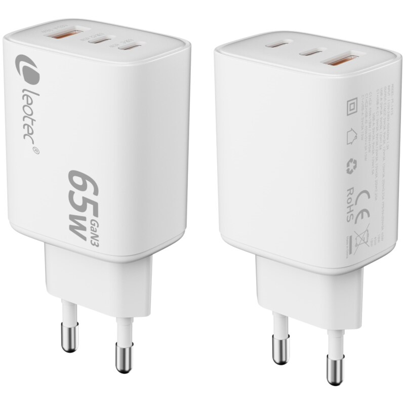 Leotec CARGADOR UNIVERSAL 65W GAN ULTRA SLIM 2 USB C PD+1 USB A BLANCO