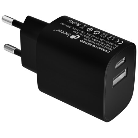 Leotec Cargador 20W 1xUSB-C PD + 1x USB-A Negro
