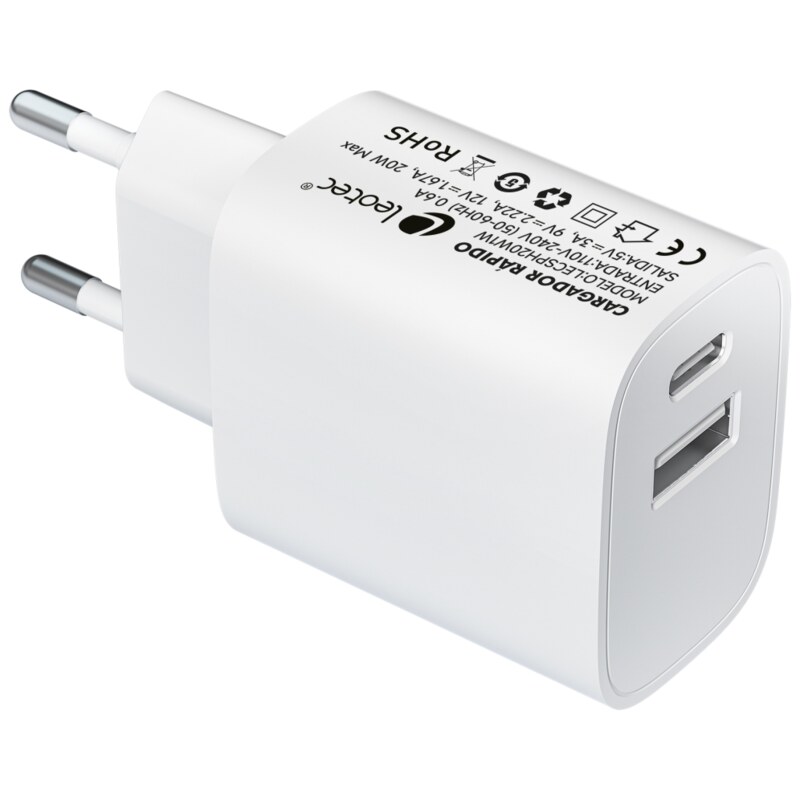 Leotec Cargador 20W 1xUSB-C PD + 1x USB-A Blanco