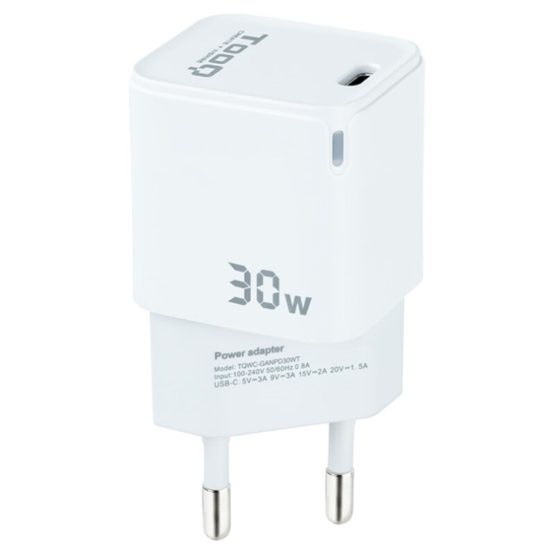 TooQ Cargador de Pared GAN USB-C/PD 30W, Blanco