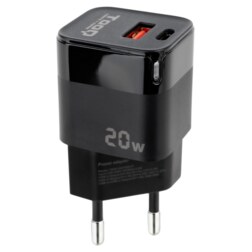 TooQ Cargador de Pared USB-C/PD + USB-A/QC 20W, Negro