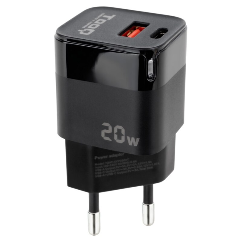 TooQ Cargador de Pared USB-C/PD + USB-A/QC 20W, Negro