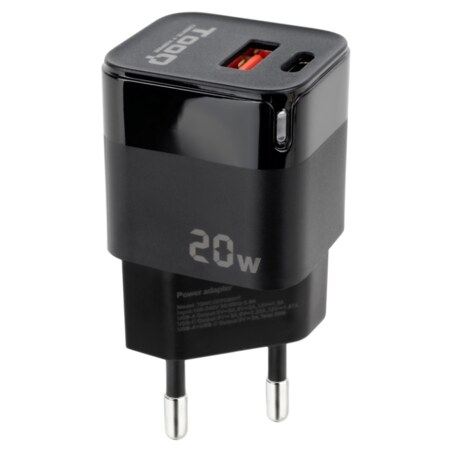 TooQ Cargador de Pared USB-C/PD + USB-A/QC 20W, Negro