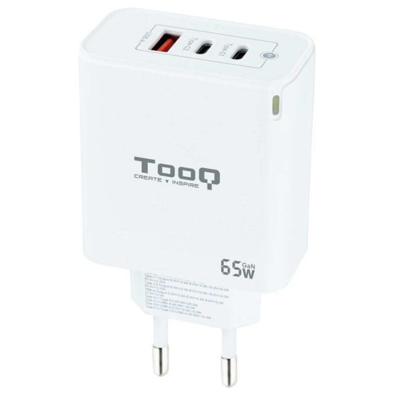 TooQ Cargador de Pared GaN 2USB-C/PD + USB-A/QC 65W, Blanco