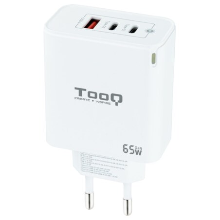 TooQ Cargador de Pared GaN 2USB-C/PD + USB-A/QC 65W, Blanco