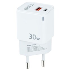 TooQ Cargador de Pared GaN USB-C/PD + USB-A/QC 30W, Blanco