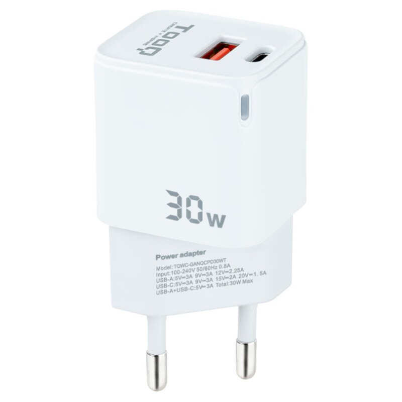 TooQ Cargador de Pared GaN USB-C/PD + USB-A/QC 30W, Blanco