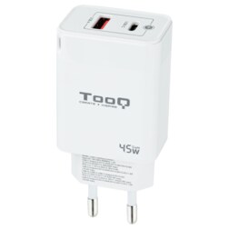 TooQ Cargador de Pared GaN USB-C/PD + USB-A/QC 45W, Blanco